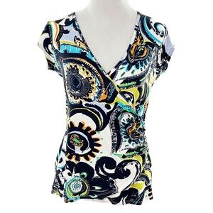 Long Elegant Legs womens top size S multicolored paisley tropical v-neck